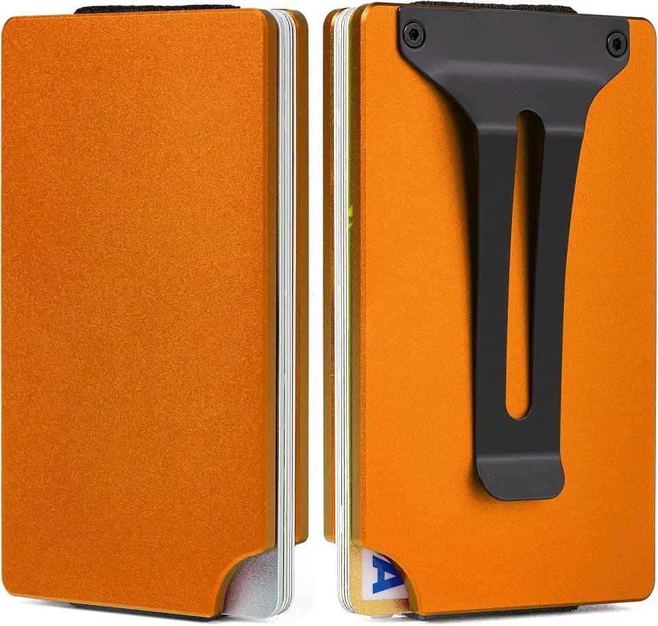 Minimalist Wallet for Men, Slim Metal RFID Blocking Wallet Credit Card Holder Money Clip & Cash Strap, Scratch-Resistant Holds 15 Cards,Ideal Gift for Men | Matte Orange