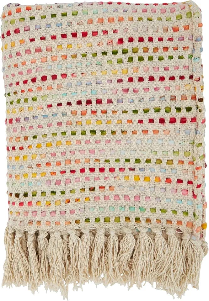 SARO LIFESTYLE Textured Open Weave Throw Blanket with Tassel Fringe - Lightweight Decorative Throw for Sofa, Bed, and Everyday Home Décor, 50"x60", Multi