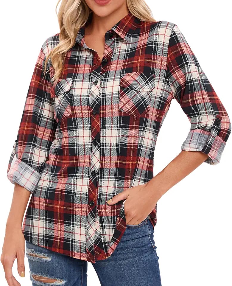Oyamiki Womens Casual Cuffed Long Sleeve Boyfriend Button Down Plaid Flannel Shirt Tops