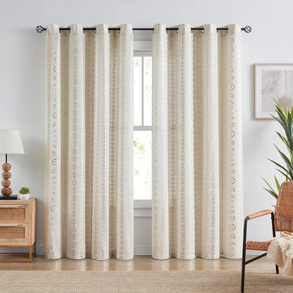 SXZJTEX Celestial Boho Gold Linen Curtains 90 Inches Bedroom Living Room