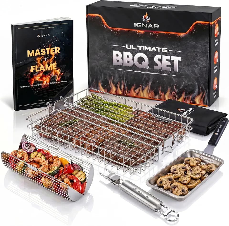 IGNAR Grill Basket Set for Outdoor Grill - Rolling Basket, Fish Basket & Draining Tray with 2 Removable Handles - Stainless Steel BBQ Grilling Accessories for Veggies, Shrimp & Meat