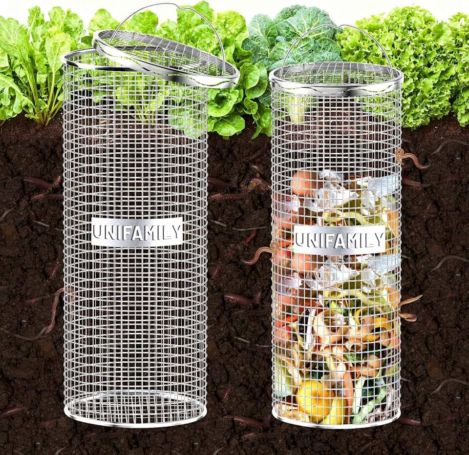 UNIFAMILY 2pcs Inground Worm Composting Bin, Stainless Steel Outdoor Compost Bin with Handle, Worm Composter, Worms Bins for Composting Recycling Kitchen Food Waste