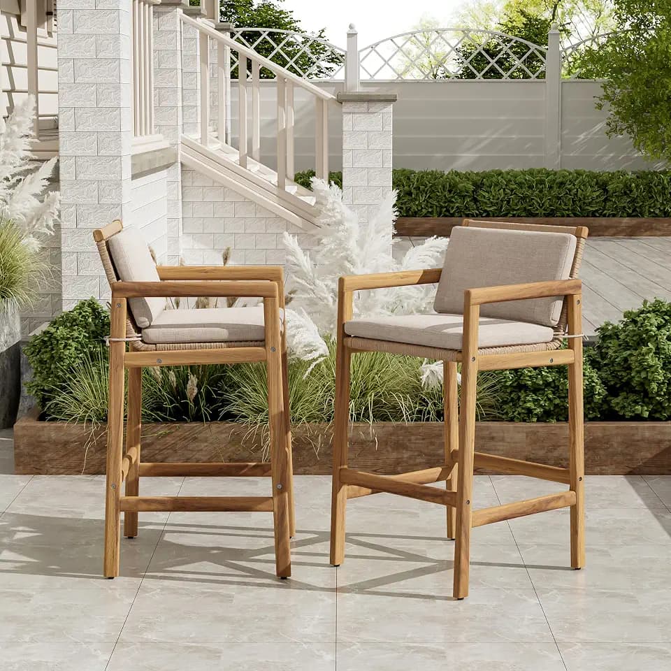 Merax Outdoor Bar Stools Set of 2, Wicker Woven Barstools, Acacia Wood Counter Height Bar Stools with Curved Backrest, Breathable Bar Height Chairs with Cozy Cushion for Balcony Patio Kitchen Pool