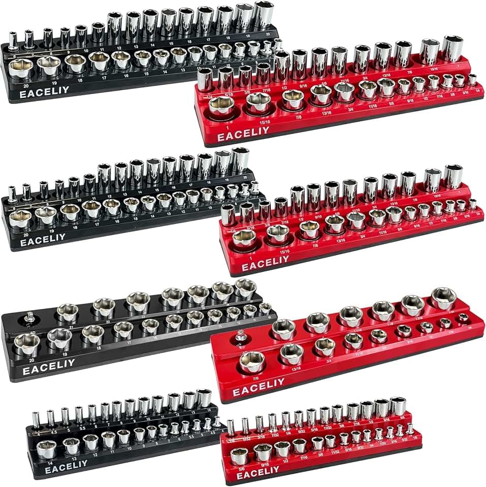 Magnetic Socket Organizer Set, 1/2", 1/4" and 3/8" SAE & Metric Deep & Shallow Tools Tray Holder Kit, holds 199pcs Sockets (sockets not included) (8PC 1/2&3/8&1/4) 丨8PCS