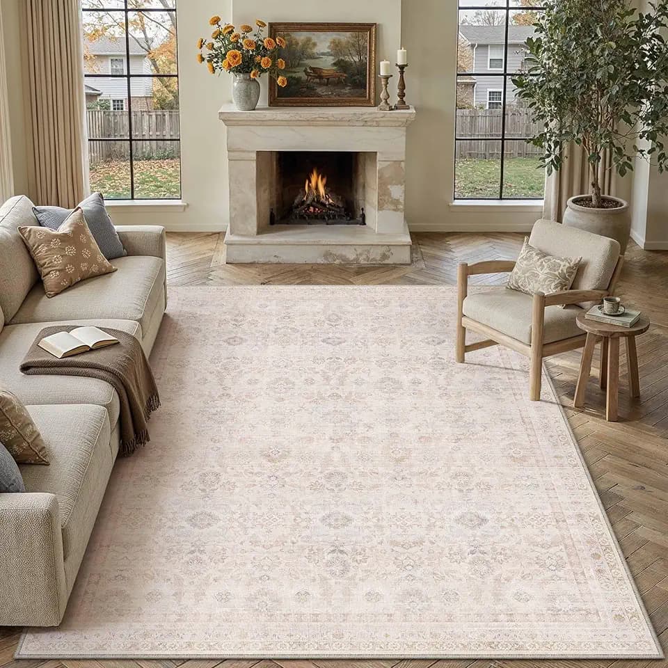 8x10 Washable Area Rug Apricot Non Slip Neutral Distressed Carpet