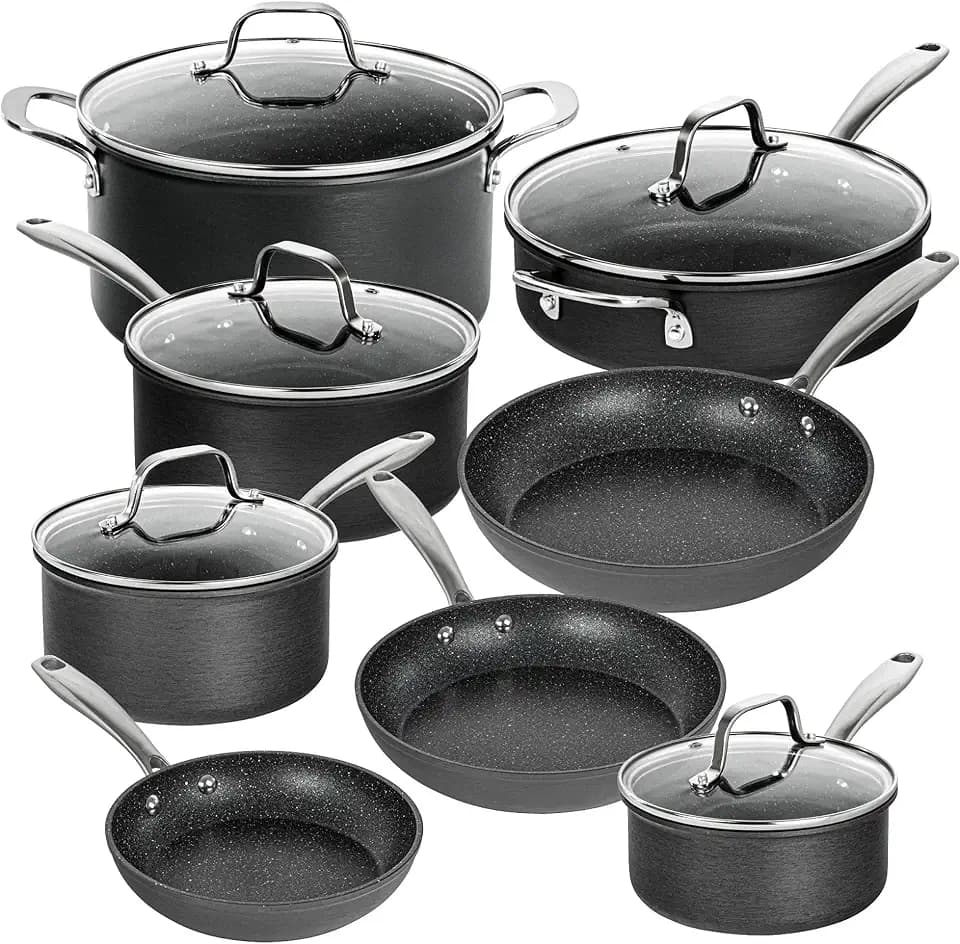 Granitestone Pro – Harteloxierte Töpfe und Pfannen, 13-teiliges Premium-Kochgeschirr-Set mit ultimativer Antihaftbeschichtung, Diamant- und Mineralbeschichtung, ofen- und spülmaschinenfest, schwarz