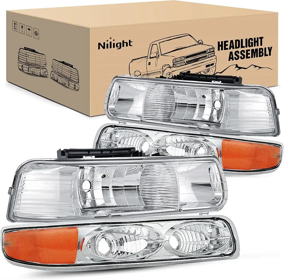 Nilight Headlight Assembly for 1999 2000 2001 2002 Chevy Silverado 1500 1500HD 2500 2500HD 3500 Chevrolet Tahoe Suburban Replacement Headlamp Housing Bumper Lights Set
