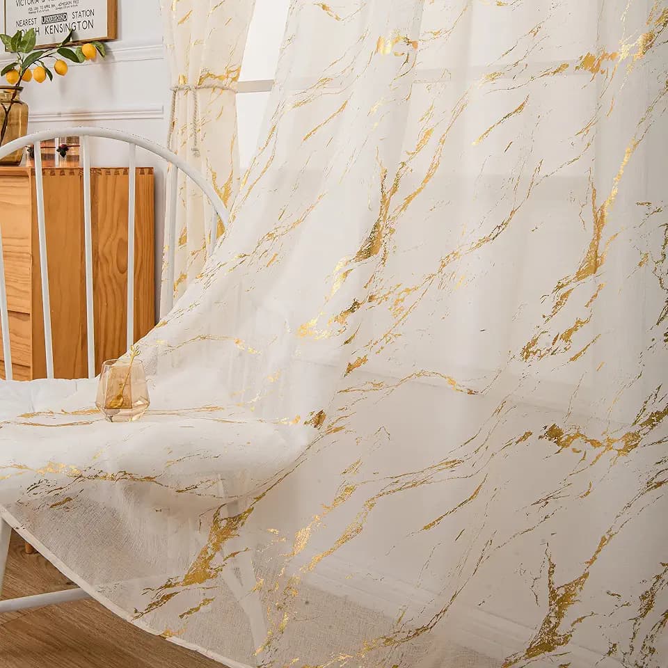 Sutuo Home Marble Sheer Curtains 90 Inches Length 2 Panels Set, Gold Foil Print Metallic, Privacy Light Filter Window Treatment Abstract Golden Drape Pair for Bedroom Living Room 52" W x 90" L, Ivory