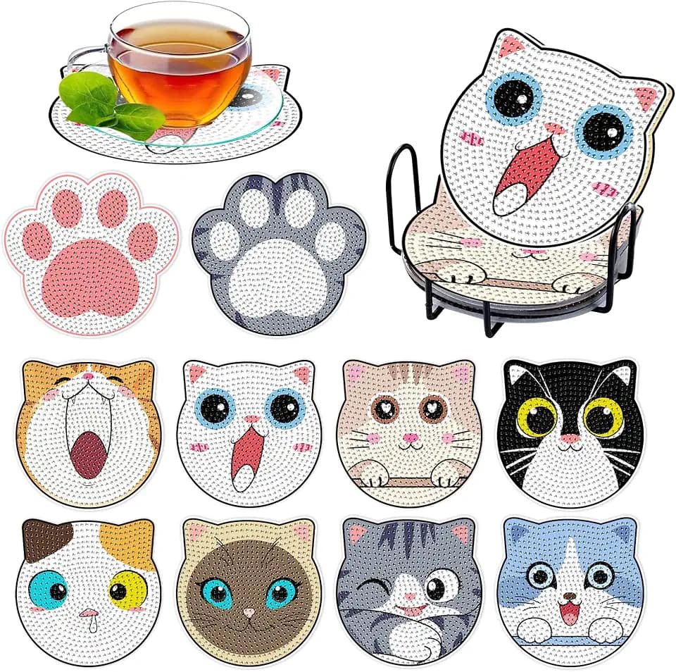 10 Pcs Diamond Art Coasters Kits with Holder Cork PadsNon-Slip, Cats and Cat Claws DIY ﻿Craft Kit for Adult Beginners, Suitable for Cat Lovers, Gift Givers, and Stress Relievers