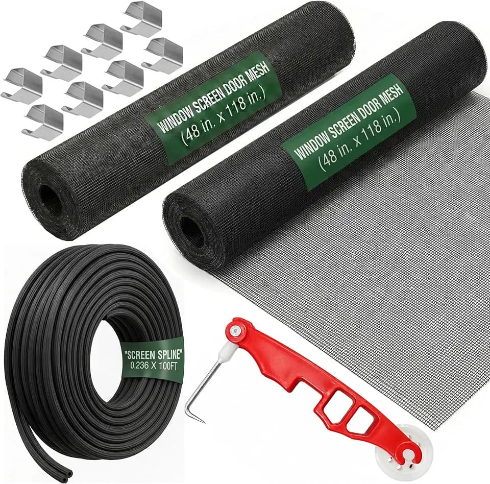 2 Pack Window Screen Replacement Repair Kit 48" x 118" - Fiberglass Mesh with Roller Tool, Spline, Clips & Hook for Sliding Screen Door & Windows -Easy Install, Enjoy Fresh Air - Black