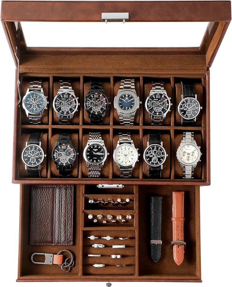 Uhrenbox für 12 Uhren,2-stöckige Watch Box mit Glasdeckel & Schublade,Uhrenbox Herren mit Schlüsselschloss – Perfektes Männergeschenk für Ringe,Manschettenknöpfe & Uhren,Braun