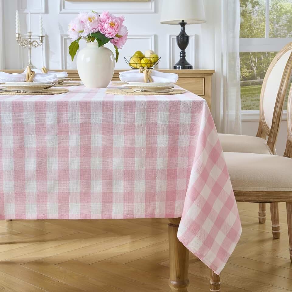 Pink Gingham Tablecloth, 60 x 106 Inch Rectangle Checkered Table Cover