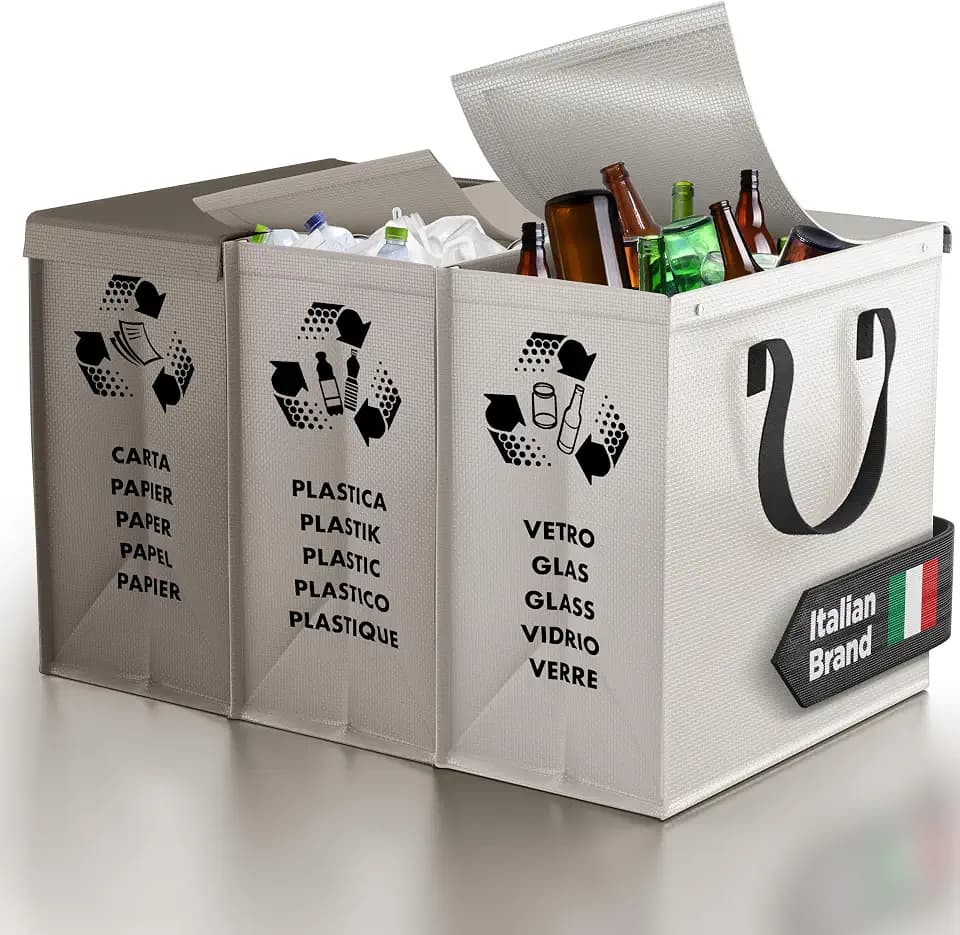 PTMS® Mülleimer 3 Fächer mit Deckel für Papier, Glas und Plastik