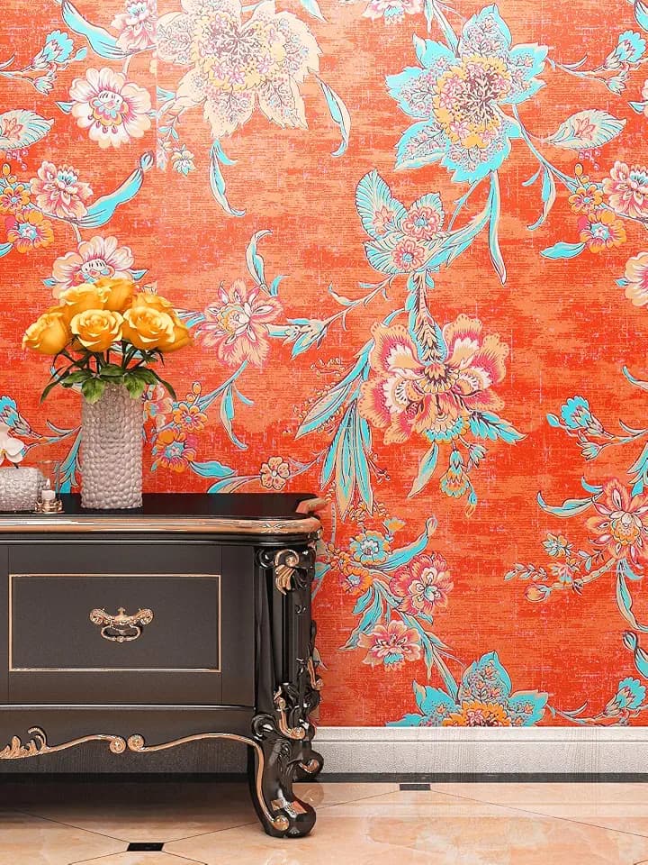 FunStick 17.5"x118" Vintage Floral Peel and Stick Wallpaper Orange Red Wall Paper Roll Watercolor Self Adhesive Wallpaper Stick on Wallpapers for Bedroom Living Room Wall Backdrop Wardrobe Bookshelf