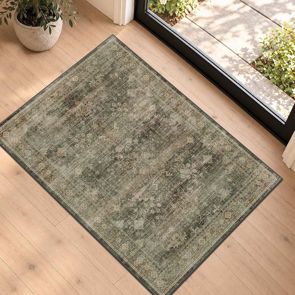 Washable 2x3 Entry Rug for Entryway, Bathroom & Kitchen, Moss Green Low Pile Non-Slip Front Door Mat, Vintage Cottagecore Distressed Geometric Accent Rug, Stain Resistant, Easy to Clean