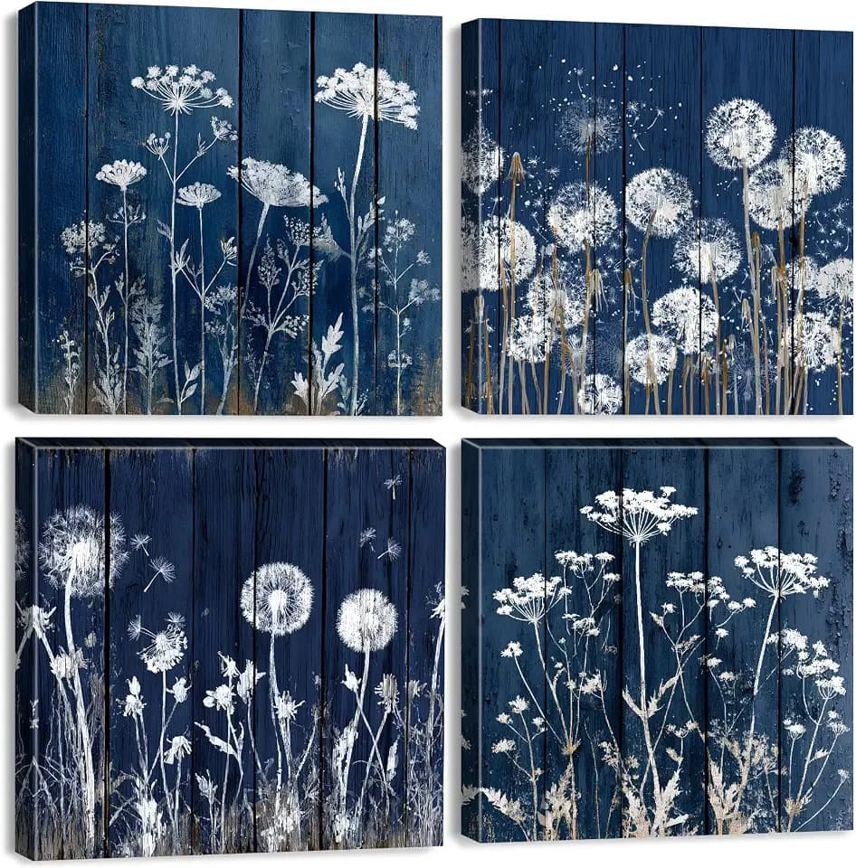 Rustic Dandelion Wall Art Bathroom Navy Blue Wall Decor Farmhouse Botanical Pictures Vintage Flower Canvas Prints Plant Paintings Boho White Floral Posters Wood Grain Artwork Home Decoration 12x12" 4P