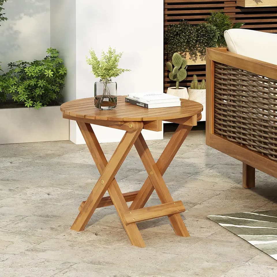 Christopher Knight Home Aurl 17.75" W Outdoor Acacia Wood Side Table, Round End Table, Slats Panel Design, Foldable and Adjustable Small Coffee Desk, Sofa Side Desk, No Assembly Needed, 175lbs Teak