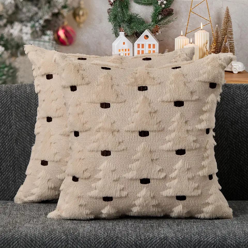 Allorry Christmas Pillow Covers 20x20 inch Set of 2 Christmas Decorations Soft Plush Faux Fur Wool Beige Xmas Tree Throw Pillow Cases Winter Holiday Decor for Sofa Living Room PT-020C20