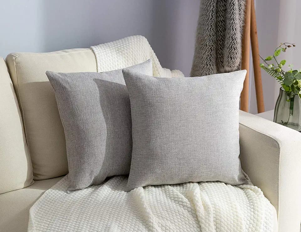 Stellhome Burlap Throw Pillow Covers Solid Farmhouse Linen Pillowcase for Bed Couch Sofa Bench, Set of 2, 24 x 24 inch (60 x 60 cm), Grey