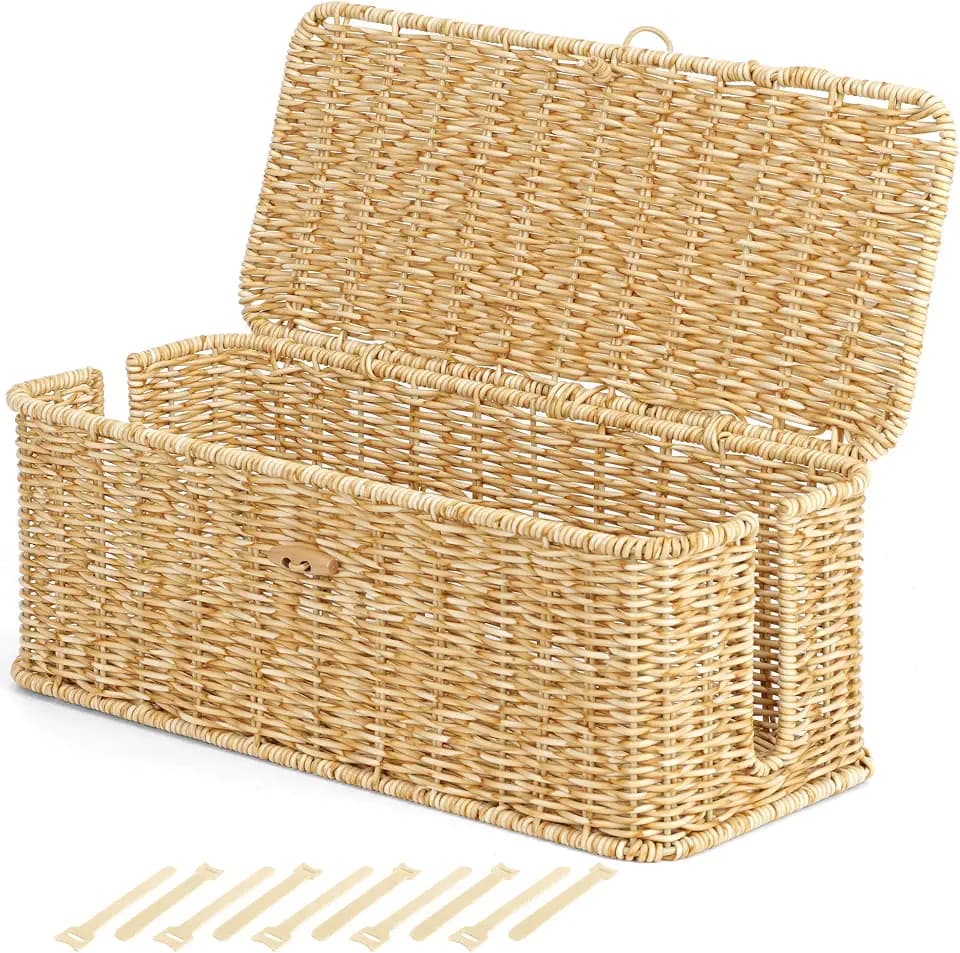 Cable Management Box, Cord Organizer with Lid & Cable Ties - Natural,L
