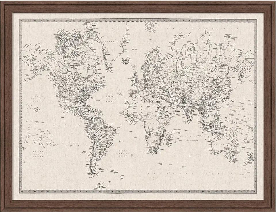 Kate and Laurel Framed Fabric Pinboard 26 x 20, Vintage Black and White Linen World Map Printed Linen Classic Bulletin Board for Use as a Vision Board or Wall Organization, Florence Medium Brown Frame