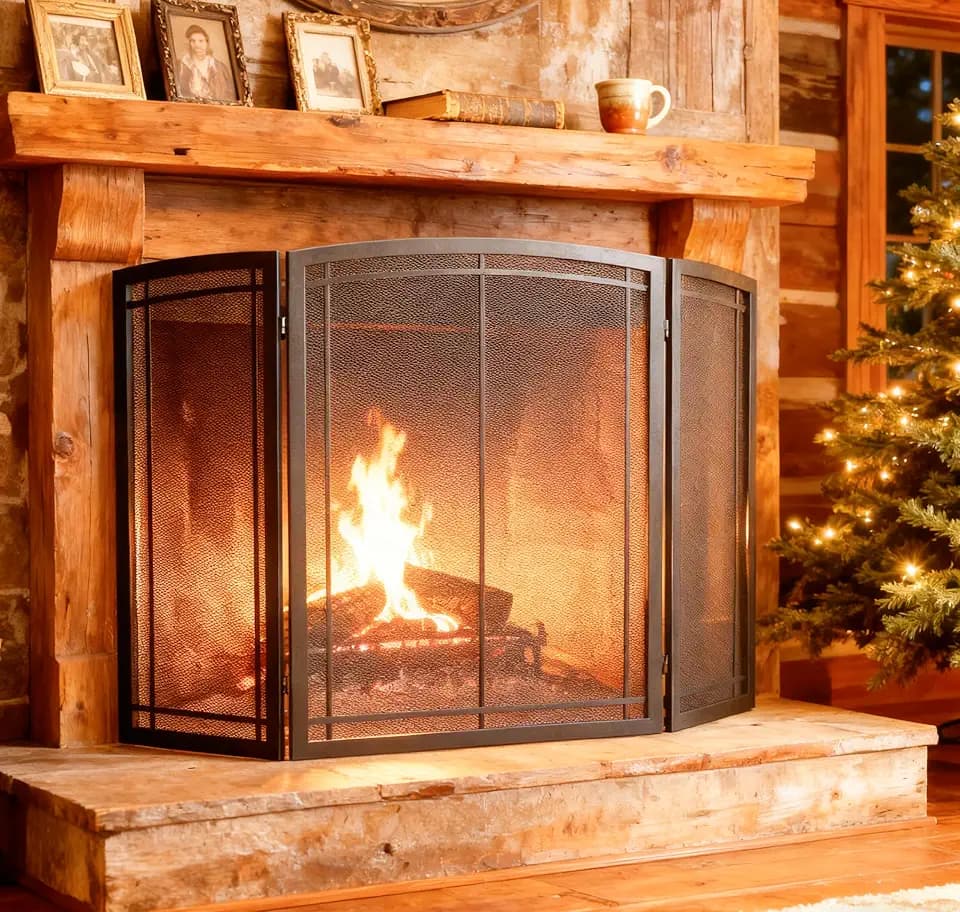FireBeauty 3‑Panel Wrought Iron Fireplace Screen 48x30 Inch Black Guard