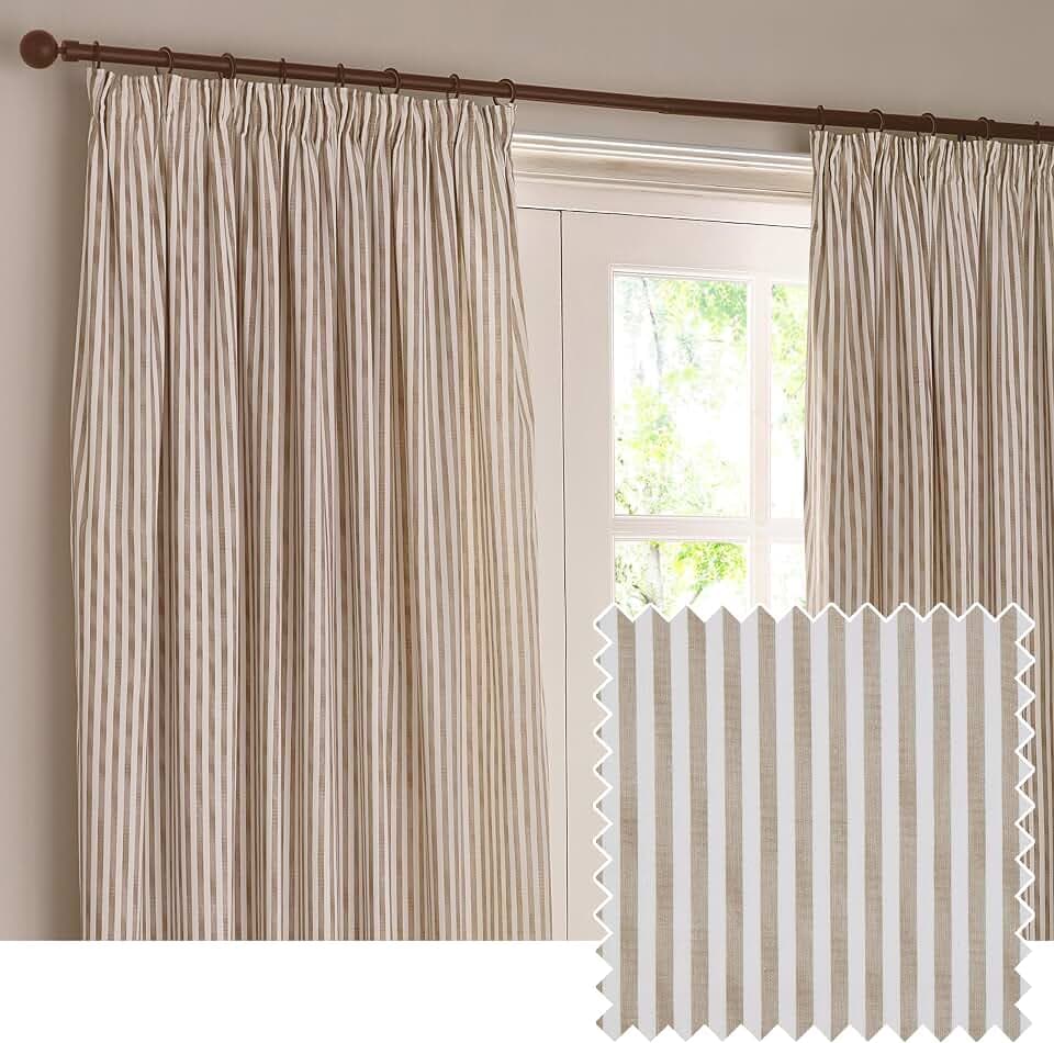 Yard furn Hebden Bleistiftfalte Vorhangpaar – Ultraweiche Baumwollgefütterte Gestreifte Vorhänge (Natürlich - 117x183cm)