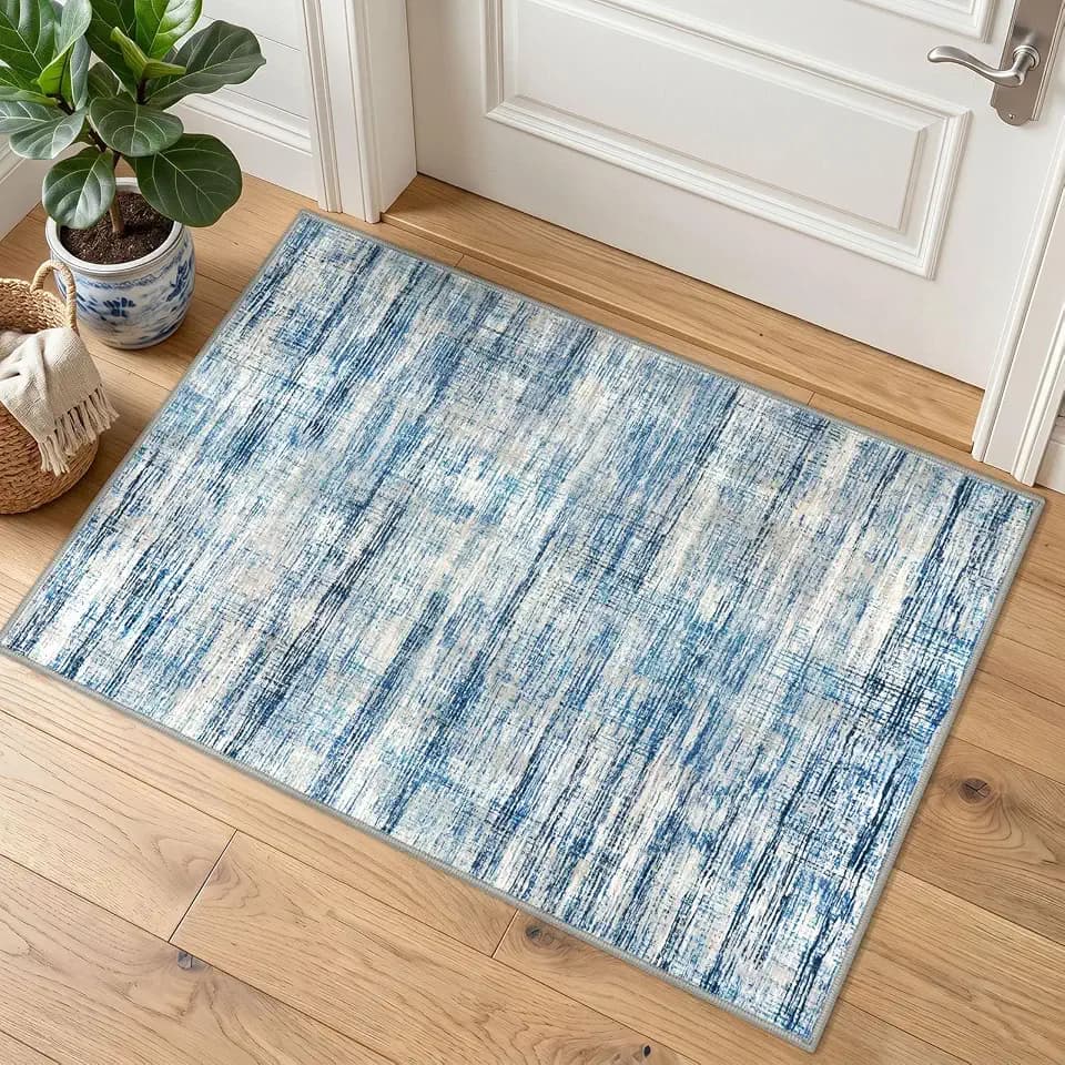KOZYFLY Abstract Entryway Rug 2x3 Washable Door Mat Indoor Blue Beige