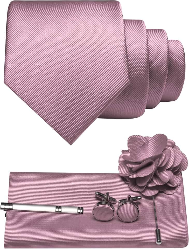 JEMYGINS Herren Krawatte aus Twill mit einfarbigem Design inklusive Pocket Square Manschettenknöpfen Krawattenklemme und Blütenbrosche Geschenkset für Partys Business Hochzeiten