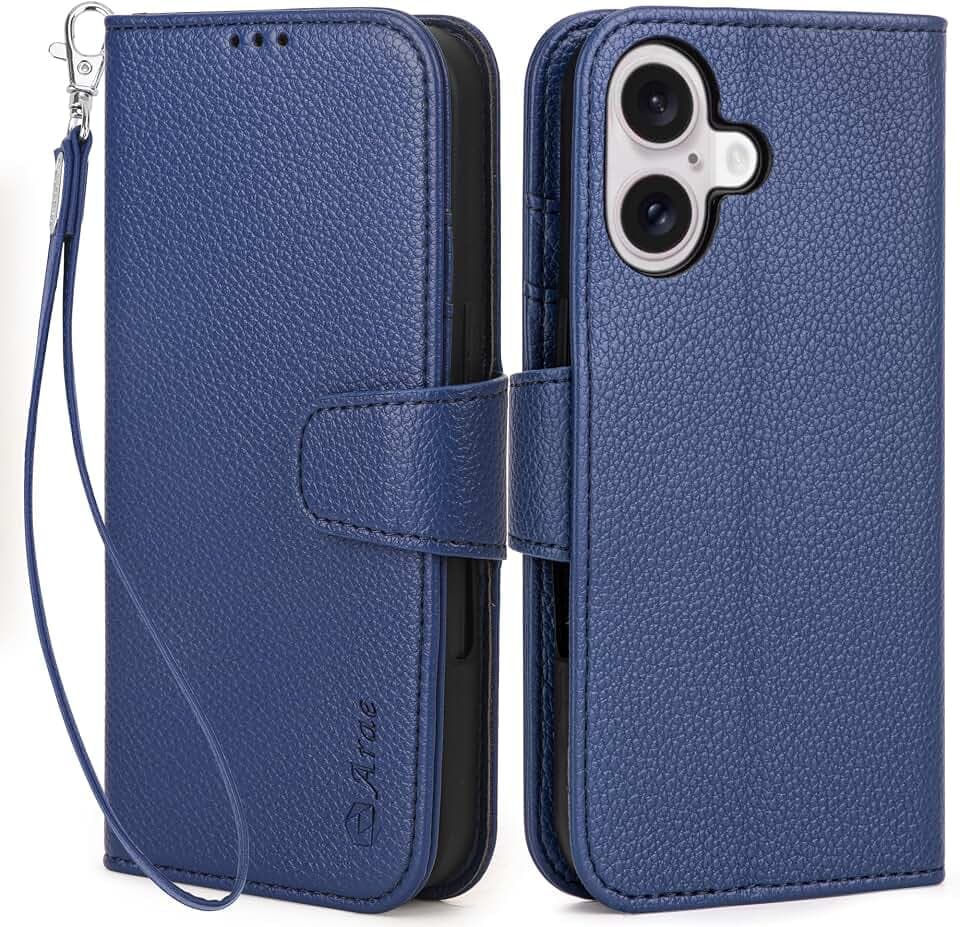 Arae Compatible with iPhone 16 Plus Case Wallet with Card Holder, Wristlet Strap Wallet Flip Cover for iPhone 16 Plus 6.7 inch Men/Women, RFID Blocking, Kickstand,Litchi Blue