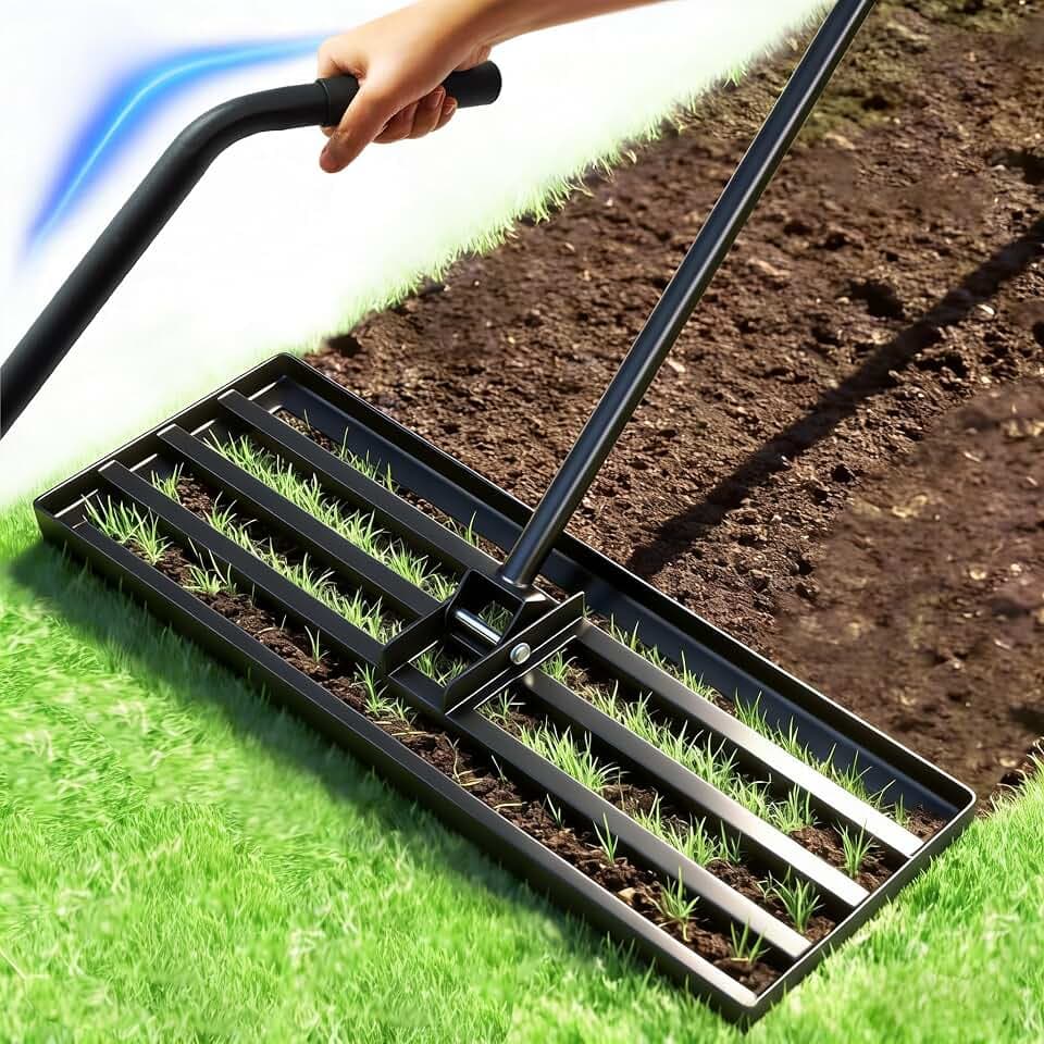 Lawn Leveling Rake, 30" x 10" Stainless Steel Head, Ergonomic Bent Handle, Level Soil & Sand, 6ft Long Handle for Yard, Garden, Sports Field