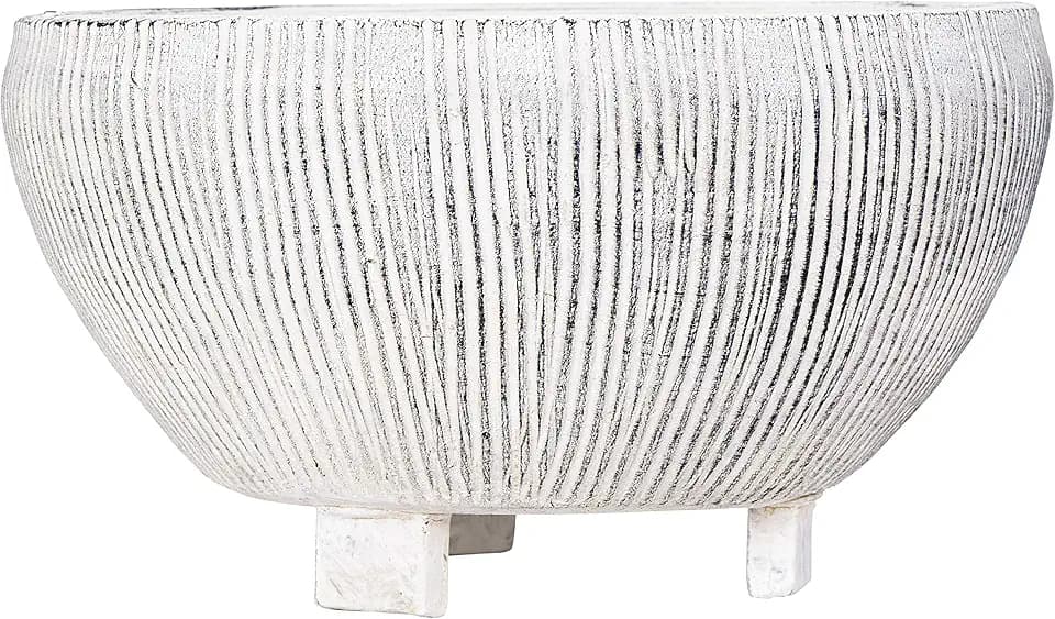 Creative Co-Op Small Distressed Cream Footed Terracotta Planter with Fluted Texture