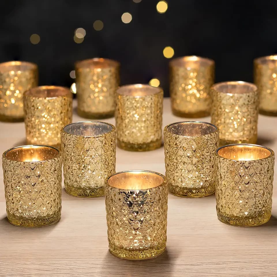 Romadedi Teelichthalter Kerzenhalter Glas Gold - 12er Set Quecksilber Windlicht Kerzenständer für Teelichter Kerzen Tischdeko Hochzeit Party Dekoration Weihnachten Dekoration