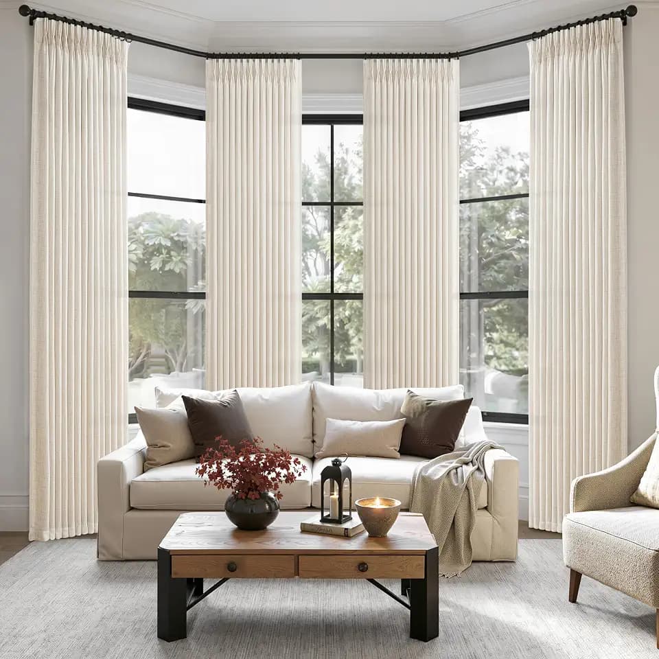 Pinch Pleated Linen Viral Curtains 4 Panels Set for Living Room 96 Inches Long, Birch Memory Trained Pleat Light Filtering Sheer Windows Curtain & Drapes with Hook Ring Ivory Cream Bedroom 8FT Length