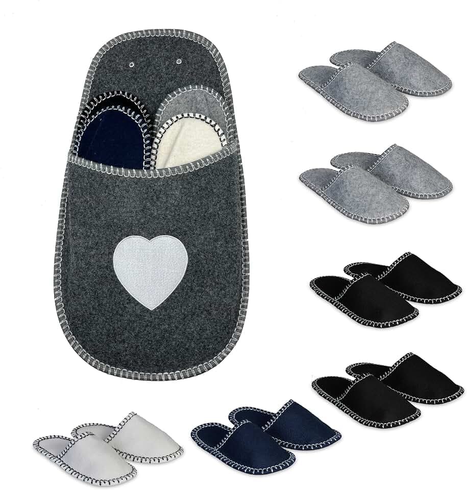 Relaxdays Gästehausschuhe 6 Paar, Hausschuhe Set mit Tasche, Größen 36-45, Filzpantoffeln, Antirutsch-Sohle, Mehrfarbig