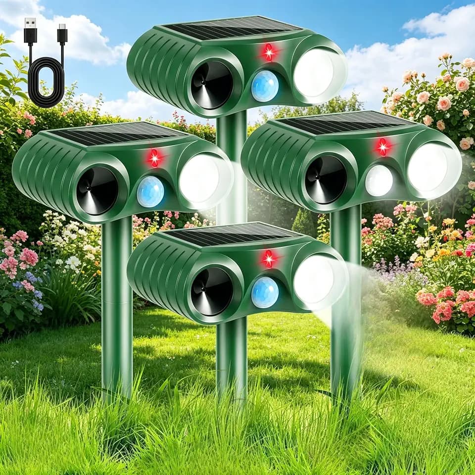 Solar Ultrasonic Animal Repeller 4PCS Sonic Fortress Pro Deer Repellent&Cat Deterrent Outdoor Squirrel Rabbit Skunk Raccoon Coyote Fox Predator Deterrents with Light & Motion Detection for Yard Farm