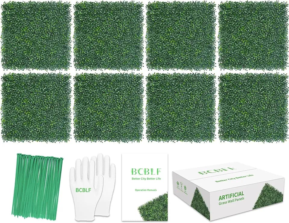 Artificial Grass Wall 10"x 10"(8Pcs) 3-Layer Leaf Boxwood Hedge Panels, UV-Anti Faux Greenery Wall Green Grass Wall Backdrop Decoration for Indoor Outdoor Decor Covering Privacy, 5.6 SQ FT