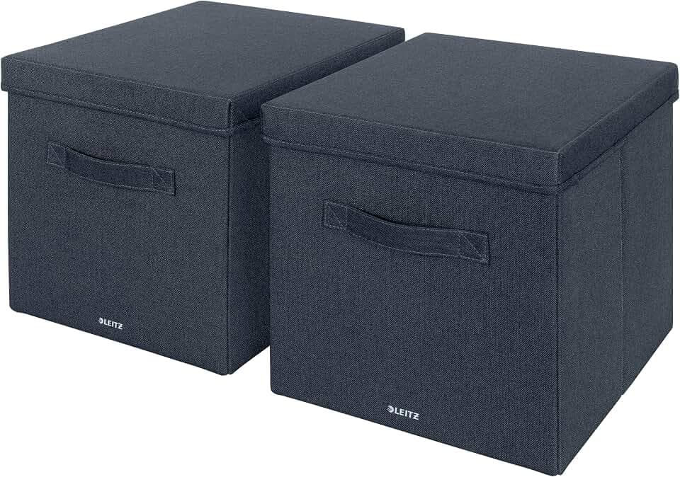 Leitz Aufbewahrungsbox mit Deckel aus Stoff, 2er-Set Würfelaufbewahrungsboxen, Universell, faltbar, Organizer für Büro, Haushalt, Küche & Schule, Samtgrau, Groß, 61450089