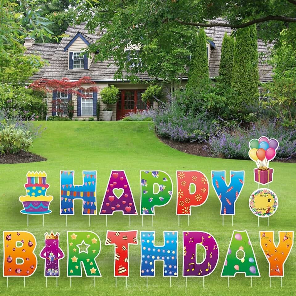 16Pcs Happy Birthday Yard Signs with Stakes, 16" Large Waterproof Birthday Sign Yard, Garden Lawn Decorations for Party Outdoor Decor Reusable & Colourful Happy Birthday Lawn Sign