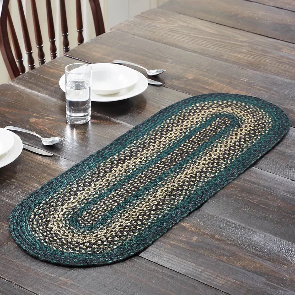 VHC Brands Pine Grove, Braided Jute Table Runner, Oval, Green, 13x36
