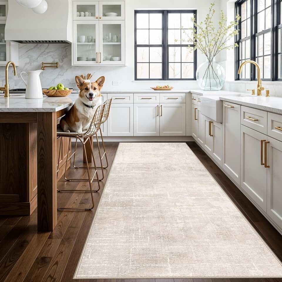 Hallway 4x10 Washable Runner Rug:Stain Resistant Abstract Rug for Kitchen Entryway Farmhouse Soft Carpet for Bathroom Bedroom Thin Laudry Living Room Floor Mat with Non Slip Backing(4x10,Beige/Cream)