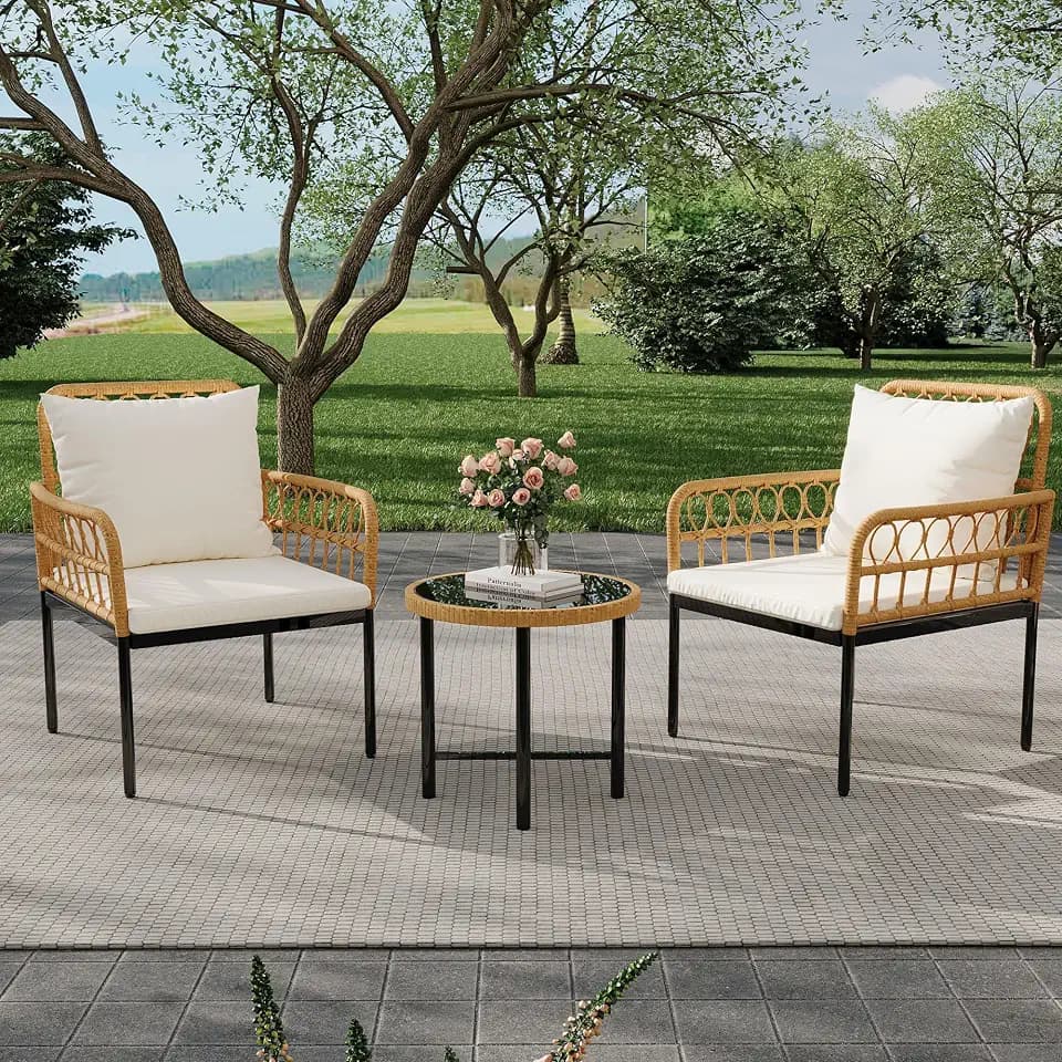 GarveeLife Wicker 3 Pieces Patio Bistro Sets Outdoor Conversation Sets with Glass Top Side Table and 2 Modern Rattan Chairs, Patio Furniture Set for Apartment, Backyard, Porch, Balcony, Lawn (Beige)