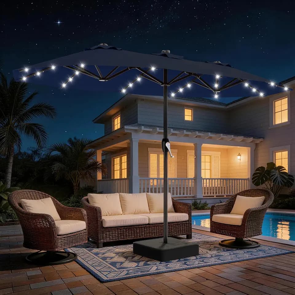 AreShark 15FT Patio Umbrella with Solar Lights, Double Sided Outdoor Table Umbrellas with Crank, Large Rectangular Market Umbrella for Porch, Lawn, Pool, Backyard, Navy