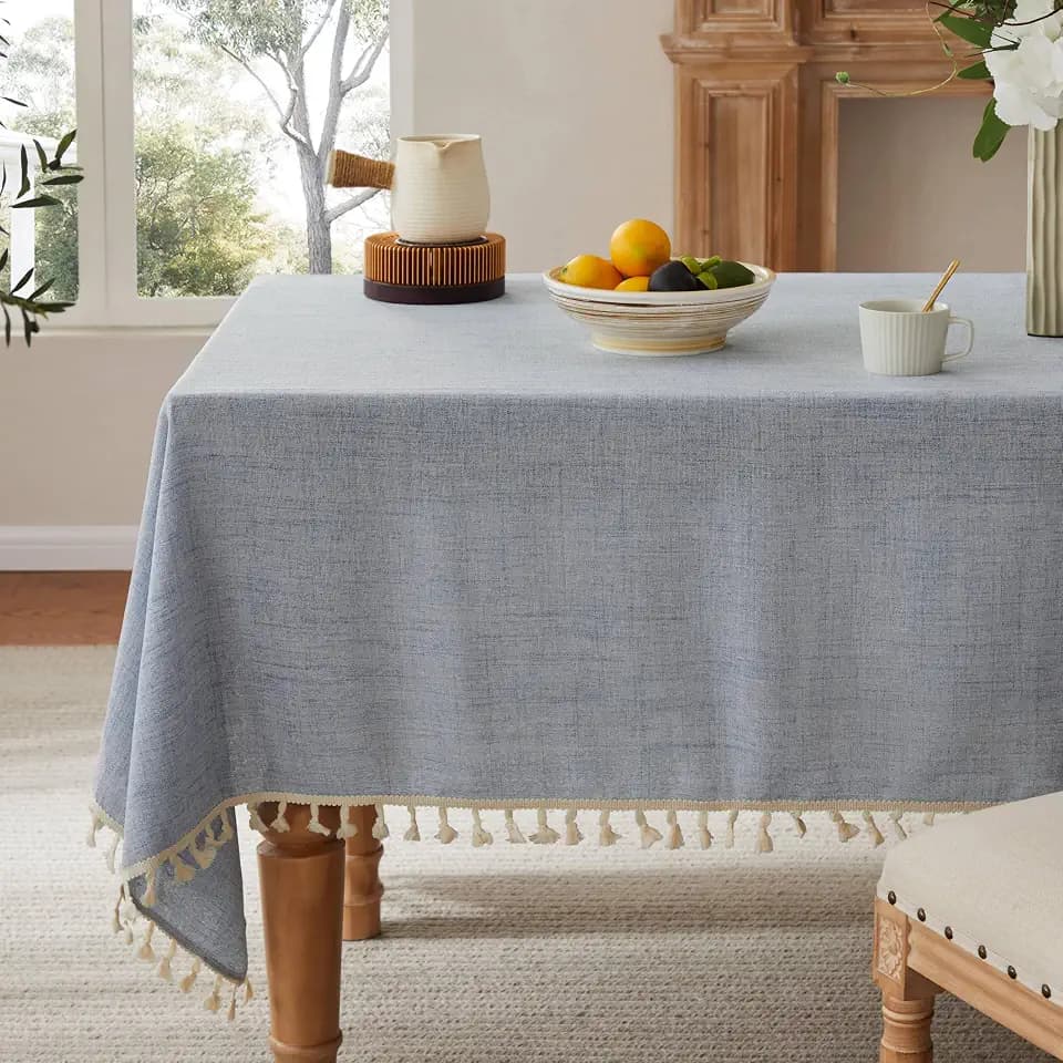 Tassel Linen Square Table Cloth, Light Blue 52x52 Inch