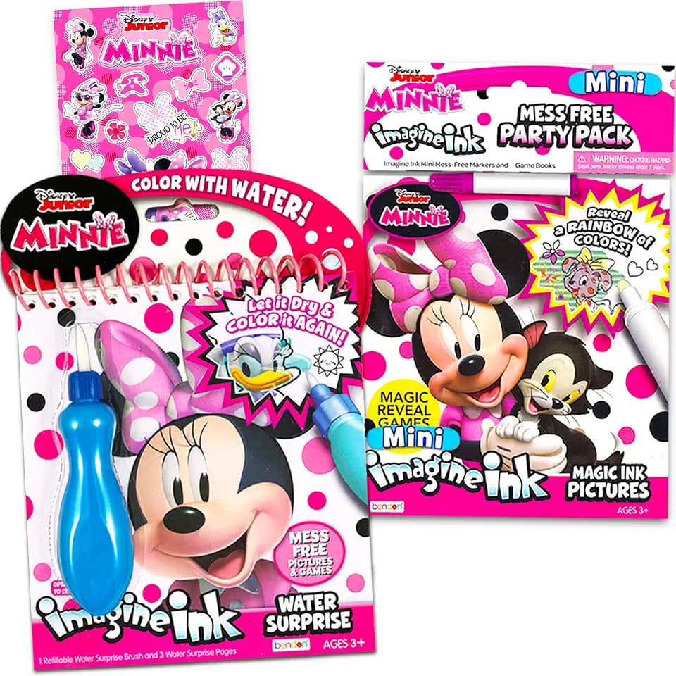 Disney Minnie Mouse Paint with Water Super Set for Kids, Toddlers Bundle - 2 Mess Free Books with Water Surprise Brush, Pen and Stickers | Minnie Mouse Party Supplies