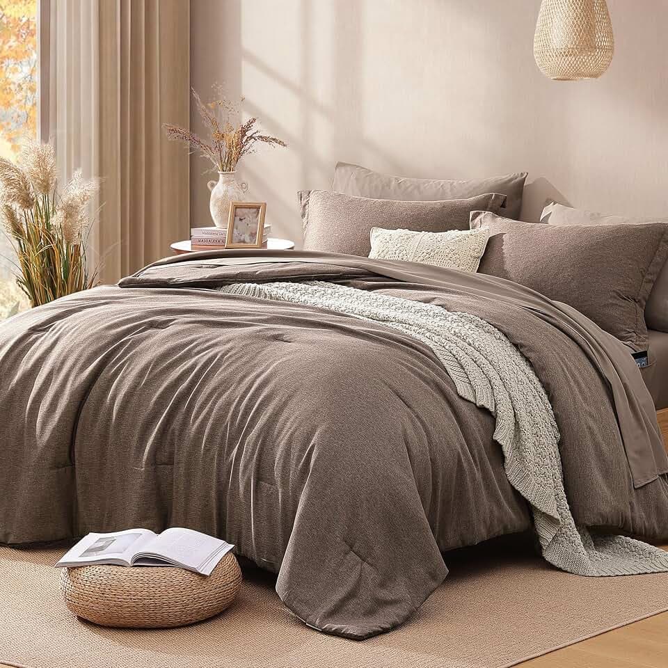 Queen Comforter Set - 7 Pieces Brown Queen Bedding Sets Soft Bed in a Bag