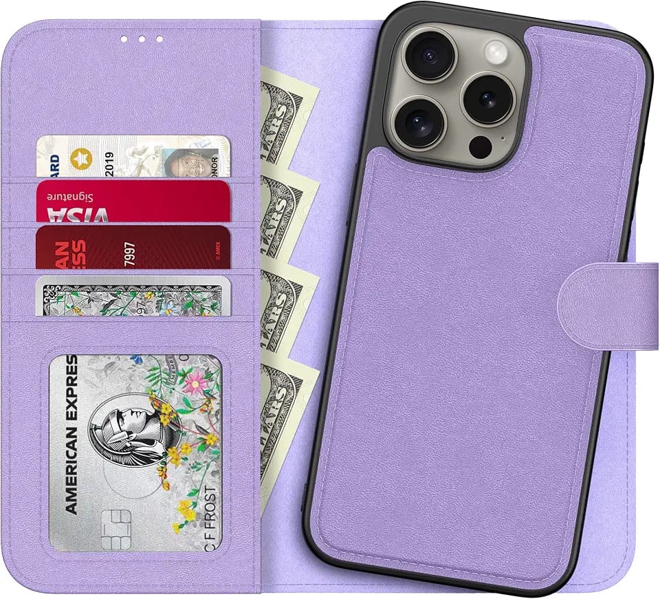 LUMARKE Designed for iPhone 13 Pro Max Wallet Case, Detachable Flip Folio Cover - RFID Blocking 4 Card Slots Holder, Premium Leather Magnetic Kickstand, Protective Phone Case 6.7",Purple Lavender