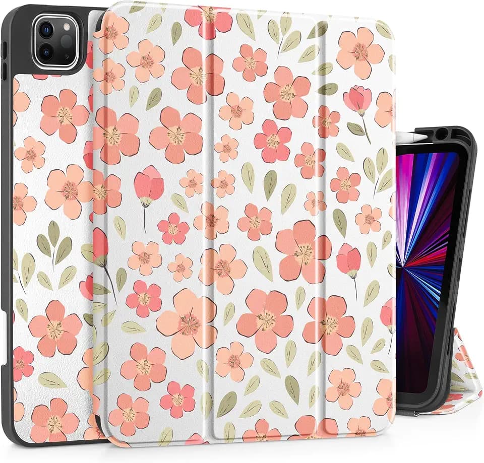 May Chen Case for iPad Pro 11 inch (4th, 3rd, 2nd & 1st Gen) 2022 2021 2020 2018,Trifold Stand with Auto Wake/Sleep Soft TPU Protective Stand Back Cover, Pink Small Flowers
