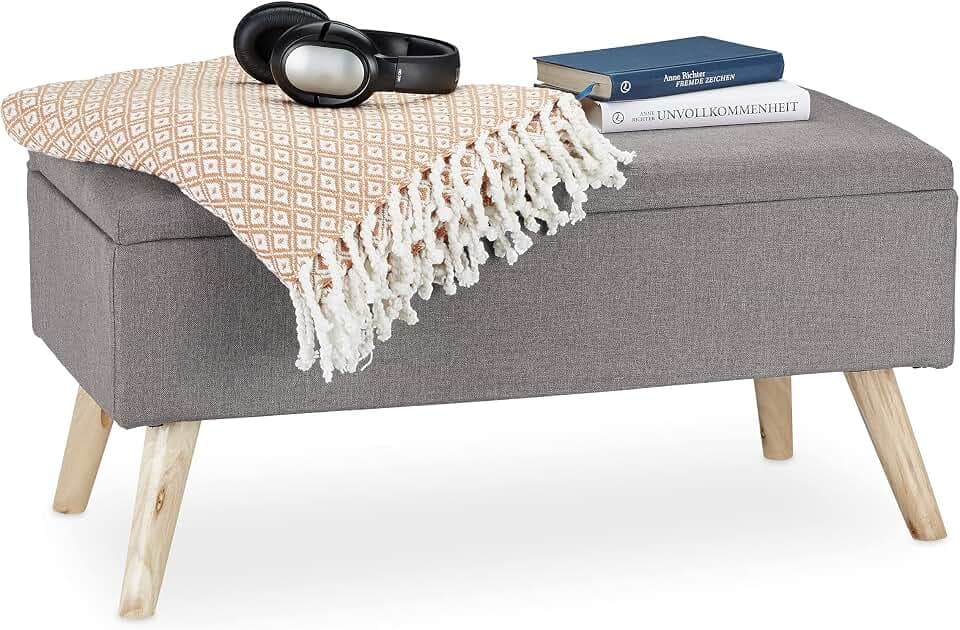 Relaxdays Sitzbank mit Stauraum, gepolstert, Holzbeine, Truhenbank Stoffbezug, HxBxT: 39,5 x 79,5 x 39,5 cm, Farbwahl