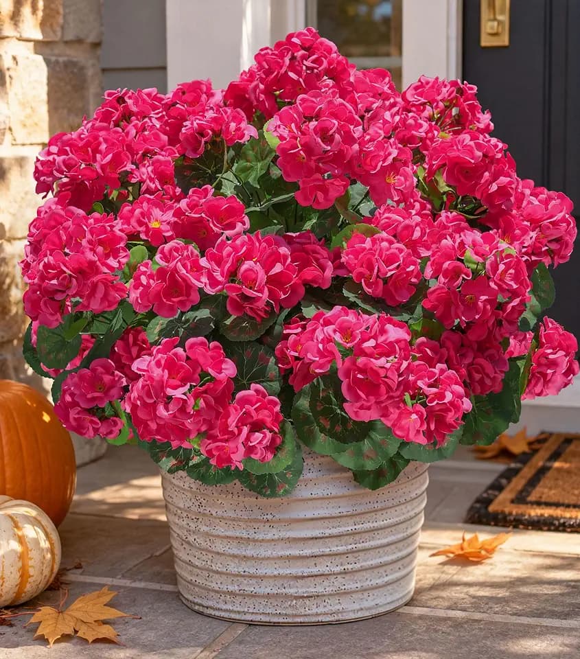 Artificial Geranium Fake Flowers for Outdoors Decoration, 6 Bundles Silk Geraniums Flower UV Resistant Look Real Faux Plants for Outside Planter Front Door Garden Patio Balcony Yard Home, Hot Pink